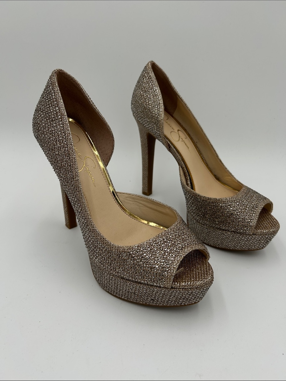 Jessica Simpson Champagne Rhinestone Glitter Peep-Toe Platform Heels Sz 8